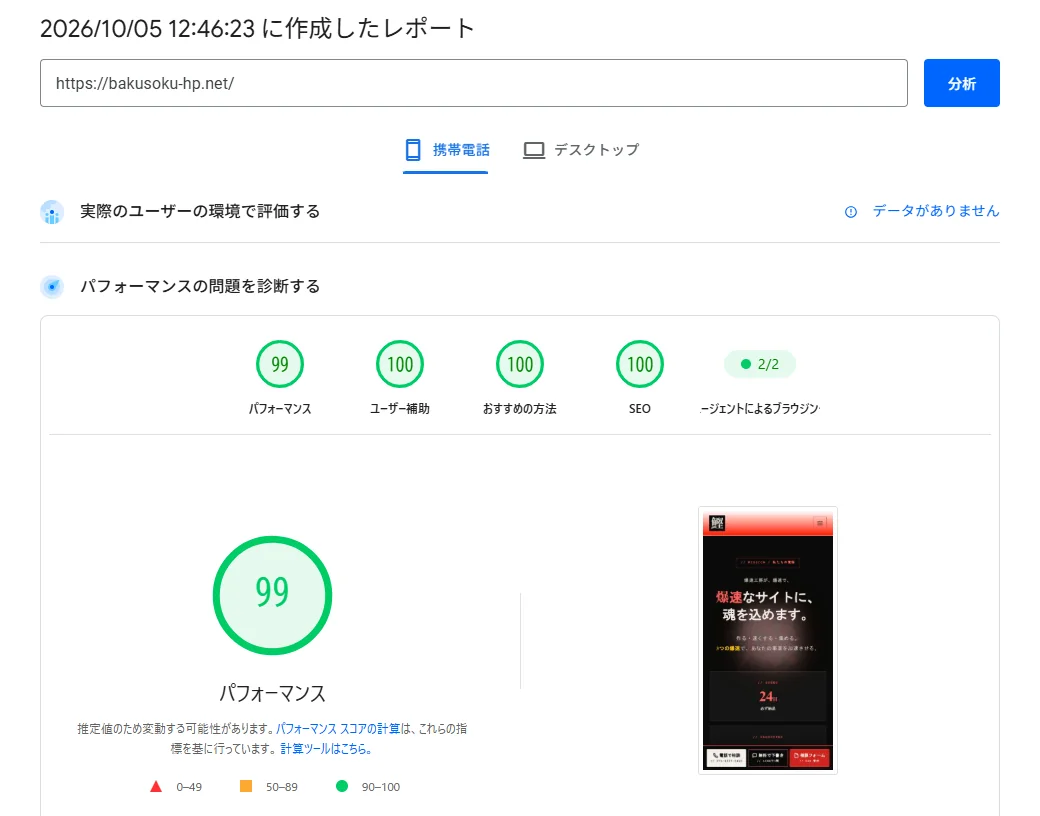 PageSpeed Insights モバイルの測定結果(2026年10月5日)。パフォーマンス99、ユーザー補助100、おすすめの方法100、SEO100